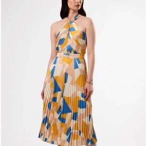 NWT Amourvert Pleat Recycled Sateen Dress Sonia Indigo Blue Multi size M